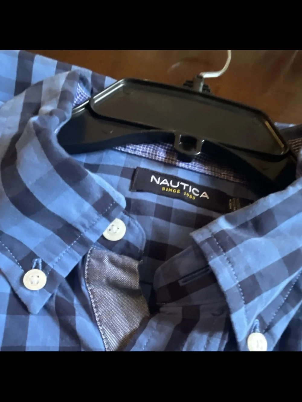 L Men's Blue Check Button-Down Shirt
